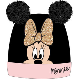Minnie Mouse – Dievčenská zimná čiapka so zlatou mašľou a 2 brmbolcami (čierna) veľkosť 54