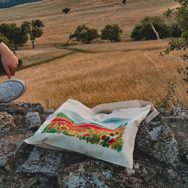 Bio bavlnená taška krajinomaľba červený mak - taska-cerveny-mak