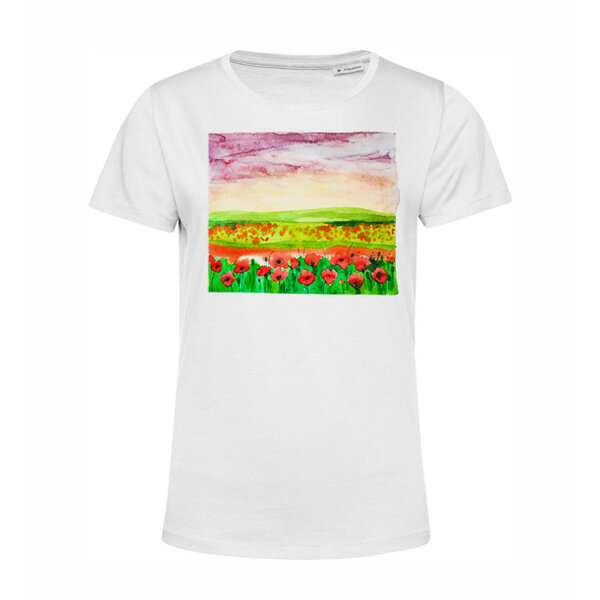 Dámske bio tričko krajinomaľba pole červeného maku - damske-bio-tricko-pole-cerveneho-maku-biele
